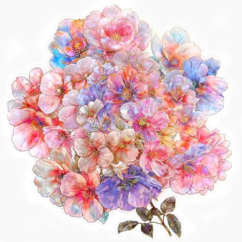 Sparkly Flower Stickers - 30 Pcs Clear PET Glitter Nature Plant Floral Stickers for Scrapbook, Journal, Junk Journal, Collage - Holographic Transparent for Resin, Craft, Scrapbook Supplies - Image 1